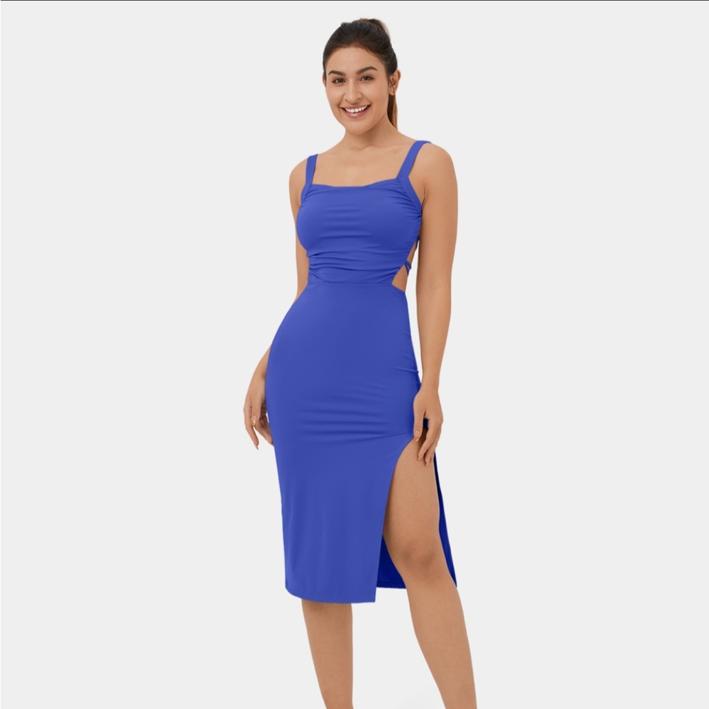 Halara Ruched Crisscross Lace Up Split Bodycon Midi Casual Dress NEW